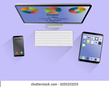 Top view on laptop computer with mobile phone and tablet on office desk. Modern business workplace - Shutterstock ID 1035253255