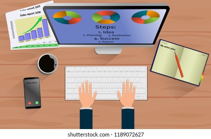 Top view on laptop computer with mobile phone and tablet on office desk. With Business notebook (diary) with text action plan. Modern business workplace