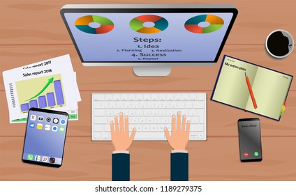 Top view on laptop computer with mobile phone and tablet on office desk. With Business notebook (diary) with text action plan. Modern business workplace