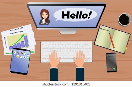 Top view on laptop computer with text hello with mobile phone and tablet on office desk. With Business notebook (diary) with text action plan. Modern business workplace