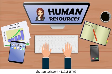 Top view on laptop computer with text Human Resources with mobile phone and tablet on office desk. With Business notebook (diary) with text action plan. Modern business workplace