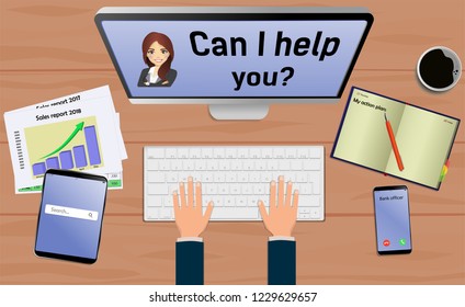 Top view on laptop computer with text Can I help you with mobile phone and tablet on office desk. With Business notebook (diary) with text action plan. Modern business workplace