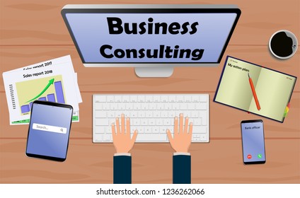 Top view on laptop computer with text Business consulting with mobile phone and tablet on office desk. With Business notebook (diary) with text action plan. Modern business workplace