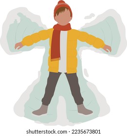 Top view on laughing boy go lying on snow and making a snow angel. Concept of winter outdoor activities, fun, Christmas holidays. Flat vector illustration in white background