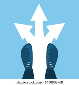 Top view on the legs standing on the crossroad. Difficult decision, choosing direction. Arrow pointing in different ways. Vector illustration in cartoon style