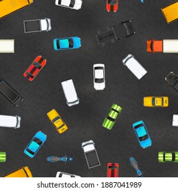 Vista superior en muchos coches glosos realistas sobre el patrón asfalto, transparente