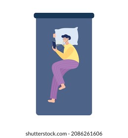 Top View On Man Lying In Bed Using Mobile Phone At Night, Flat Vector Illustration Isolated On White Background. Screen Time And Social Media Addiction Visual Concept.