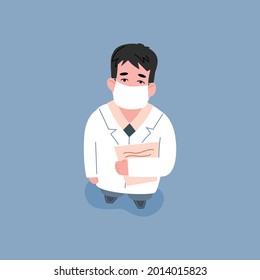 Vista superior sobre el doctor profesional masculino que busca. Vista desde arriba sobre la mujer con máscara facial médica protectora y abrigo blanco. Ilustración vectorial de dibujos animados planos.