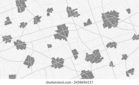 Top view on map with highlighted city zones. Detailed view of city. Decorative graphic tourist map. Vector, illustration. Abstract transportation background