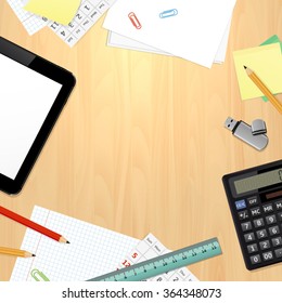 Top view on office desk with business and office supplies. Vector illustration.