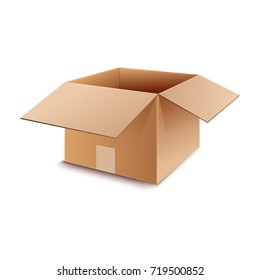 Top view on open brown storage box made of cardboard vector isolated on white background. Carton paper container for delivering cargo and shipping