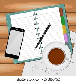 Top view on opened notebook, smartphone, pen and cup of coffee on dark wooden office desk.