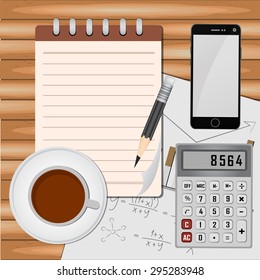 Top view on opened notebook, smartphone, pen and cup of coffee on dark wooden office desk.