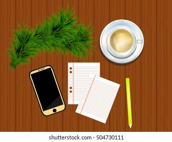 Top view on paper sheets, smartphone, pencil, fir twigs and cup of coffee on dark wooden office desk.