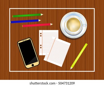 Top view on paper sheets, smartphone, pencils and cup of coffee on dark wooden office desk.