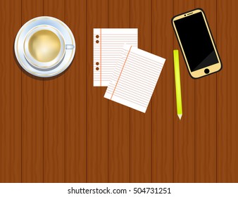 Top view on paper sheets, smartphone, pencils and cup of coffee on dark wooden office desk.