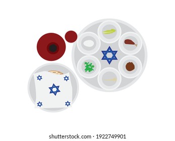 Top view on Passover plate, matzah plate with cover, wine bottle and wine glass on White background