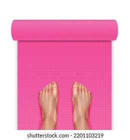 Top view on pink color yoga mat with bare female feet realistic vector illustration