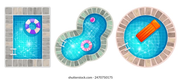 Top view on pools of different shapes with inflatable rings and mattress on blue water with ripple effect. Cartoon vector set of bottom summer outdoor swimming objects with floating rubber toys.