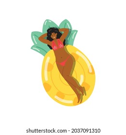 Top view on pretty black girl swimming and sunbathing on inflatable float in pool or sea. Concept of summer vacation and relaxing on tropical resort. Flat vector illustration.