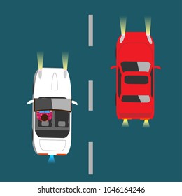 Top view on racing modern white and red cars. Vector illustration.Vector illustration