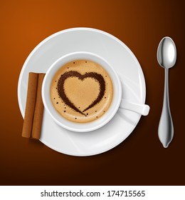 Top view on realistic white cup filled with coffee and cream decorated by a cinnamon pattern in the form of heart vector illustration