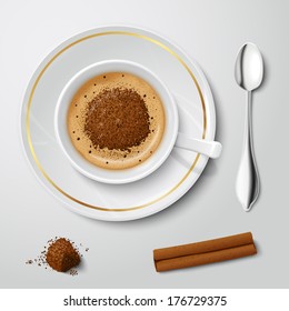 Top view on realistic white cup filled with cappuccino decorated by chocolate crumbs vector illustration