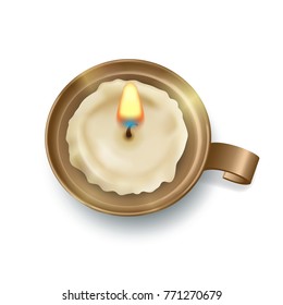 Top view on retro candlestick with burning candle. Vector illustration