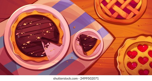 Top view on rustic wooden table with chocolate and fruit or berry tart pie. Whole and cut round cake on tray with triangle piece on plate and crumbles on tablecloth. Sweet delicious bakery food setup.