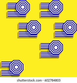 Top view on a sand beach. Umbrellas and beach chairs in flat design. Vector illustration EPS10