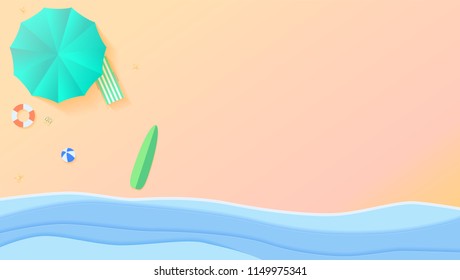 Top view on sea and beach. Seashore with sun umbrella, deck chair, ball, swimming ring, surfboard, sandals starfish. Aerial view of summer beach in paper craft style, flat lay