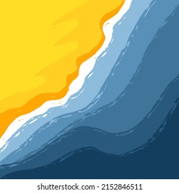 Top view on sea beach. Aerial view of sand and ocean waves. Hand drawn flat cartoon vector illustration