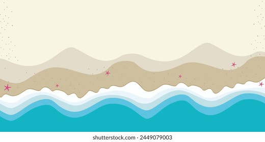Top view on sea beach. Top view on ocean beach with soft waves. Summer sale banner vector illustration, Top view of summer beach