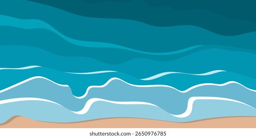Top view on sea beach. Top view on ocean beach with soft waves. Vector illustration