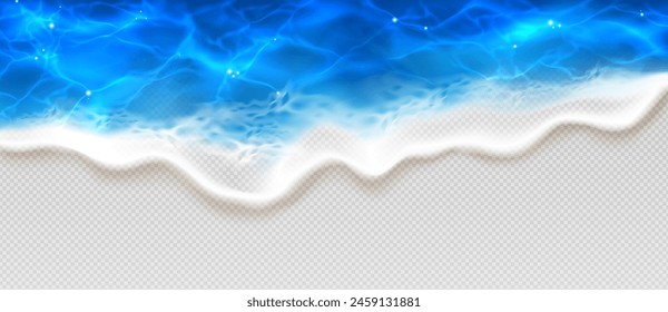 Vista superior en el mar o océano ola de agua azul con espuma blanca sobre fondo transparente. Vector 3d realista de la superficie de la textura del agua de la línea costera para las vacaciones de verano de la playa o el diseño de la promoción de temporada