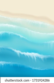 Top view on sea sandy beach. Realistic aerial view on foamy sea waves splashing on sandy coast. Vector illustration with cascade of ocean waves.