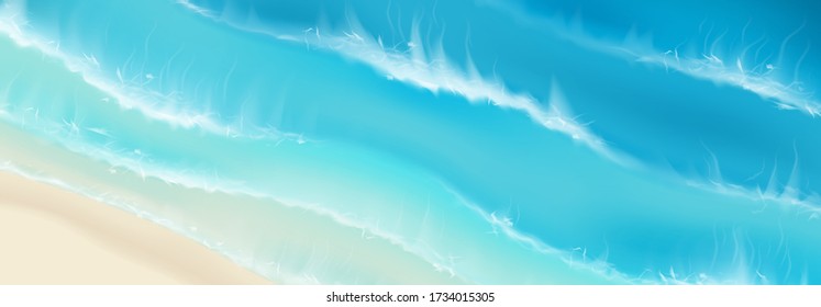 Top view on sea sandy beach. Realistic aerial view on foamy sea waves splashing on sandy coast. Vector illustration with cascade of ocean waves.