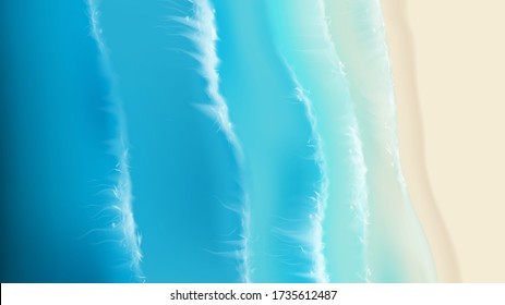 Top view on sea sandy beach. Realistic aerial view on foamy sea waves splashing on sandy coast. Vector illustration with cascade of ocean waves.