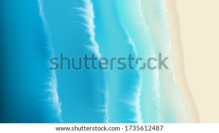 Top view on sea sandy beach. Realistic aerial view on foamy sea waves splashing on sandy coast. Vector illustration with cascade of ocean waves.