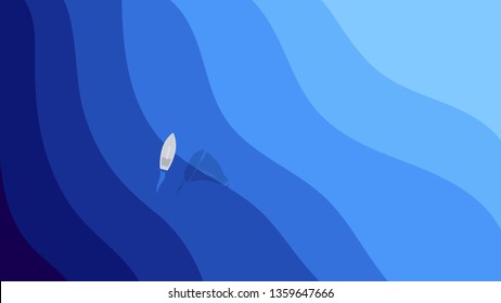 top view on the sea surface with different levels of depth and small boat with shadow