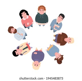 Top view on smiling standing in circle people look up a vector illustration