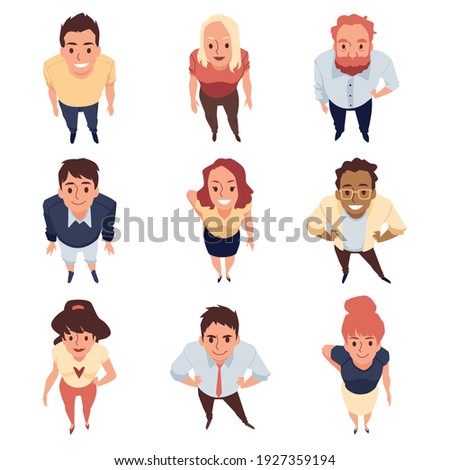 Top view on smiling standing people looking up. A set of young characters with expression cheerful. Flat cartoon vector illustration isolated on a white background.