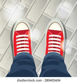 Top view on sneakers. Pair of simple sneakers. Editable vector illustration