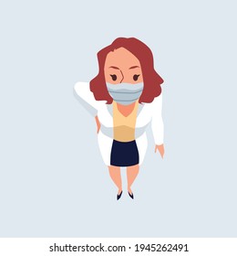 Top view on standing female professional doctor in medical facial mask looks up.