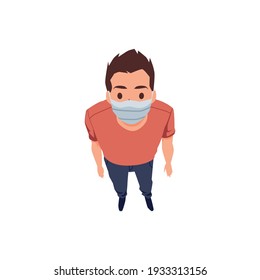 Vista superior sobre la actitud de pararse mirando al hombre que usa máscara facial para protegerse de virus o polvo. Ilustración vectorial de caricatura plana aislada en un fondo blanco.