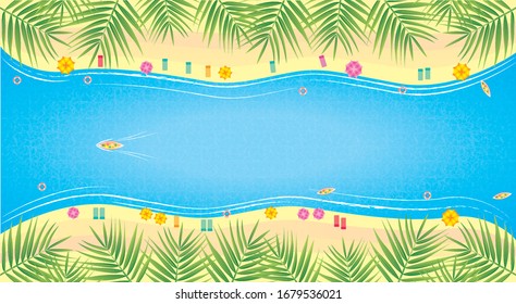 Top view on Summer decoration with realistic objects on beach. Concept of seasonal vacation in tropical country. Vector illustration EPS 10