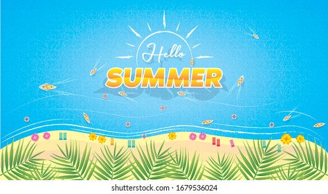 Top view on Summer decoration with realistic objects on beach. Concept of seasonal vacation in tropical country. Vector illustration EPS 10