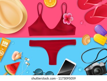 Top view on summer travel and tourism concept template
