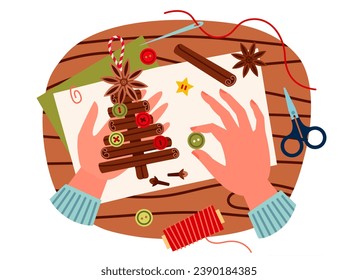 Top view on table with hands making christmas tree. Christmas tree from cinnamon sticks cartoon vector illustration, DIY. Christmas  tree  with dry anise and cinnamon sticks