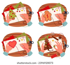 Top view on table with hands sewing felt christmas toys. Sewing, DIY. Cartoon vector illustration. Cute christmas toys